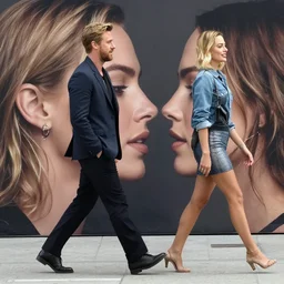 still of ryan gosling and margot robbie, walking on eva mendes face - n 9