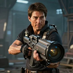 a videogame still of Tom Cruise in Gears of War, 40mm lens, shallow depth of field, split lighting