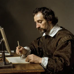 “galileo galilei working, realistic, photo, hard focus, detailed, high quality”