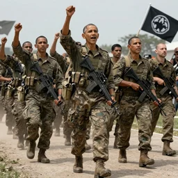 Obama clones marching for war dress like the army from 300; render by Beeple, 4K