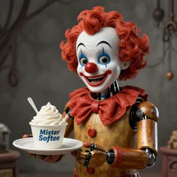 animatronic clown serving a 🍦 from a mister softee, real hair, photorealistic, hyperdetailed 3 d matte painting, hyperrealism, hyperrealistic, cinematic, silent hill, horror style, unrealengine octane render,