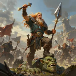 a detailed and very colorful portrait of a dwarf with flowing hair standing victorious with a foot on a orc's head on battlefield, pathfinder portrait, dndart, fantasy portrait, 4 k, hires, art by jack davis and lucian freud and bill ward