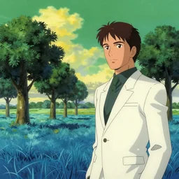 a field with blue and cyan grass, tall round blea trees, green sky, yellow clouds, planet namek. an action image of carlos gardel as a dragon ball z character, animated, fighter, with muscles and a saiyan armor, in the style of dragon ball z anime, toriyama, toei
