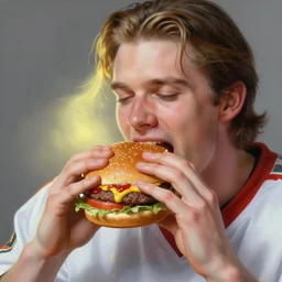 portrait of wayne gretzky biting a giant hamburger eating a big mac hamburger with extra ketchup and mustard lettuce and tomato, divine feminine ethereal light, highly detailed, lifelike, photorealistic, digital painting, artstation, illustration, smooth, sharp focus, art by collier, albert aublet, krenz cushart, artem demura, alphonse mucha