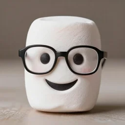 an oval marshmallow smiling and wearing glasses,