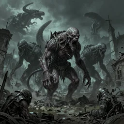 detailed ultra - realistic graphic novel illustration of patrolling deep ones, desolated insmouth town district, by famous digital artists, cinematic, full shot, lovecraft horror
