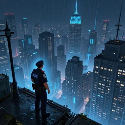 a lone police officer overlooking a ledge towards the blue glow city below in ghostpunk new york city, highly detailed, very intricate, cinematic lighting, volumetric lighting, foggy, rain, by asher brown durand and eddie mendoza, featured on artstation