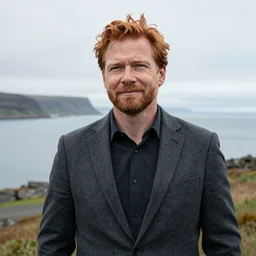 Beautiful photo of a middle aged male Icelandic self absorbed auburn haired entrepreneur suggesting intimacy without elaborating further