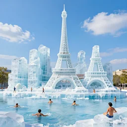 a painting of ice sculptures made of icecream in the shape of the skyline of paris with eiffel tower on a very sunny summer day, very hot and the ice is melting fast and people are swimming in the icecream in the style of james jean and fernando botero