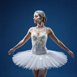 woman model with white paint splashing on her forming a tutu. high speed studio photo. dramatic rembrandt lighting. iain crawford, viscus paint milky sheeting blue background