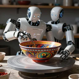 robot building a brightly colored nampeyo bowl