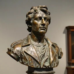 detailed photo of an old bronze patina statue of a ewan mcgregor bust, intricate detail, museum lighting