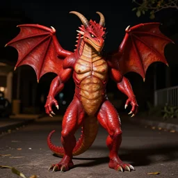 full body painting of a red ragon with a snobby smile. at night. extremely detailed. beautiful. 4 k. award - winning. epic lighting