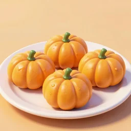 3 d cartoon style full view of a plate with 3 delicious 3 d pumpkin turnovers with glazing in the style of disney and pixar, c 4 d, farmville