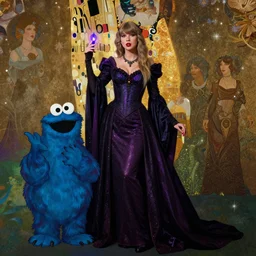 full length portrait of a woman who is a mix cookie monster and taylor swift, sorcereress using dark seduction magic, d & d, medieval, fantasy, royo, klimt, miro, vallejo, frazetta, alphonse mucha, greg rutkowski, whealan