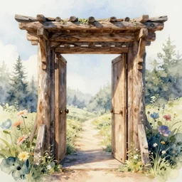 watercolor wooden portal paradise, ultra detailed, photorealistic, octane render, high definition, fine details, ethereal tones, 8 k, mcbess mood,