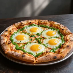 a delicious fried egg deep dish pizza with green ketchup sauce.
