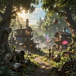 a steampunk village in a forest on a summers day, suns rays, giant trees, junk everywhere, neon signs, magical atmosphere, mist, photo realistic, octane render, 8k, guido borelli da caluso