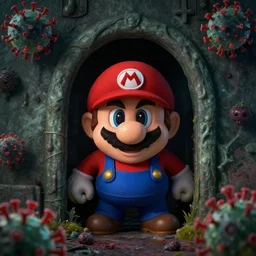 super mario hiding, Resident Evil virus concept art, highly detailed, horror, scary, terrifying, horrific, hd 4k