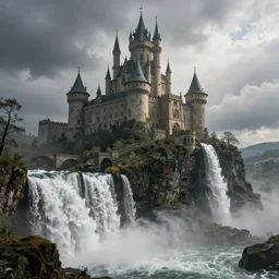 a fantasy castle on top of a waterfall, beautiful landscape, environment, low angle view, hyper realism, concept art, low angle, high detail, volumetric, dramatic lighting, long shadows, ominous, misty, beautiful, by wadim kashin, breathtaking scene, cinematic, 8 k
