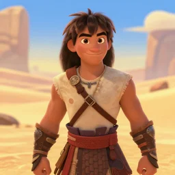 portrait of teenage conan the barbarian, smiling arrogantly. desert background. digital art. animated feature. 3 d pixar and disney!! in the style of disney pixar, moana, brave, the good dinosaur.