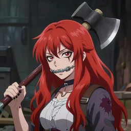 a redhead female zombie with an axe in her head and braces, yasushi nirasawa style