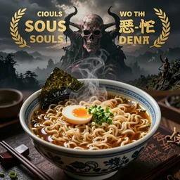 A bowl of ramen made from the souls of the damned, promotional photography