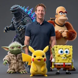 mark zuckerberg godzilla yoda donkey kong pikachu yeti shrek spongebob homer groot, highly detailed, extremely high quality, hd, 4 k, 8 k, professional photographer, 4 0 mp, lifelike, top - rated, award winning, realistic, detailed lighting, detailed shadows, sharp, no blur, edited, corrected, trending