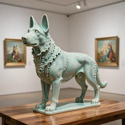 beautiful gallery show studio photograph of a giant realistic ceramic sculpture of a german shepherd dog, fractal 3 d structure, celadon glaze, placed on a polished wooden table, colorful hyperrealism 8 k trending on artstation