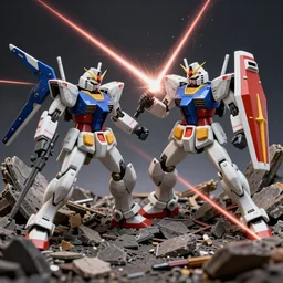 an intricate, detailed diorama of two Gundam robots in battle on a pile of rubble, laser blasts, dramatic lighting, photoreal, 4k, trending on artstation