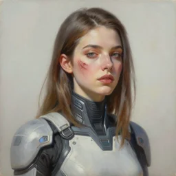 portrait of a beautiful woman with a large obvious scar across her cheek from ear to lips, wearing a futuristic mass effect outfit, Alexandria's genesis, chin-length hair, bored, illustration, soft lighting, soft details, hyper realism, high detailed, painting oil on canvas by mark arian by artgerm, trending on artstation, 4k, 8k, HD