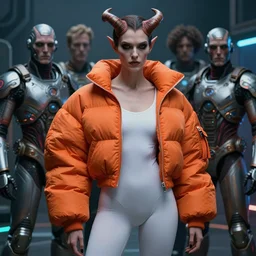 beautiful portrait, demon, wearing oversized orange puffy bomber jacket and white leotard, futuristic, ultra realistic, dramatic lighting, tron legacy artifacts, highly detailed by peter mohrbacher, wayne barlowe, boris vallejo, aaron horkey, gaston bussiere, craig mullins
