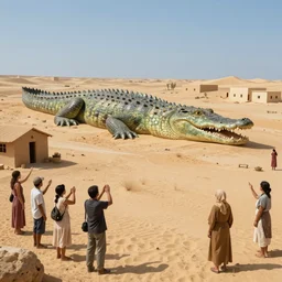 villagers praise the giant crocodile monument statue in a desert town. surrealist landscape by hieronymus bosch, cyril rolando, esher and natalie shau, whimsical, profound, impossible. trending on devaintart.