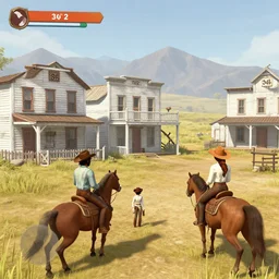 screenshot of gameplay game set in 1 8 3 6 old west saloon featuring african american and japanese cowboys and cowgirls in ghost town with buildings painted white bright colors, morning light with mountains in the background