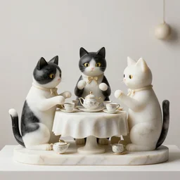 calico cat trio enjoying a fancy english tea party, contemporary marble sculpture