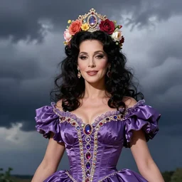 full body closeup pose fine art photo of the cher princess, she has a crown of stunning flowers and frilly dress of purple satin and gemstones, background full of stormy clouds, by peter mohrbacher