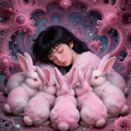 Keeping you sane, And you fade away just enough, You felt the edge again, You took two pills And you fell asleep, Hugging six rabbits And having pink nightmares, concept art, trade on artstation, sharp focus, psychedelic, trippy, dmt, fractals, by Yoshitaka Amano, Greg Tocchini, Zdzisław Beksiński, Extremely high detail, realistic, fantasy art, masterpiece, Hyperrealism. Subsurface scattering. Octane Render. Weirdcore