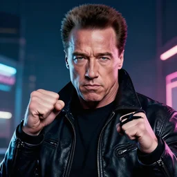 portrait of schwarzenegger as cyberpunk street fighter, by ismail inceoglu