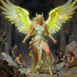 An oil painting of the beautiful blonde viking goddess of war with neon-yellow-holographic wings, Valkyrie, very aesthetic, detailed face, by Frank Frazetta, Greg Rutkowski, Boris Vallejo, Christian MacNevin, epic fantasy character art, goddess of anger, teal-neon viking runes, high fantasy, full length, exquisite detail, post-processing, low angle, masterpiece, cinematic, odin's stone arena background