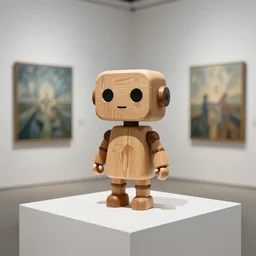 ultra realistic 8k octan photo wooden art toyz on piedestal cute robot zen on a contemporary art gallery Michael Lau