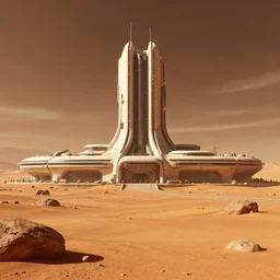 extreme wide shot of a sci fi building on mars in the style of the surviving mars video game