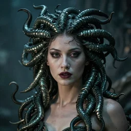 beautiful insanely detailed portrait of a dark and mysterious Medusa, 35mm, cinematic shot, photorealistic, hard light, depth of field
