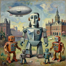 picasso cubist painting of 1 9 5 0 s scifi, tin toy robots, airship, sky, summer, victorian london, steampunk, walter sickert, earl norem, depth of field, hyperrealistic, octane render detailed and intricate environment