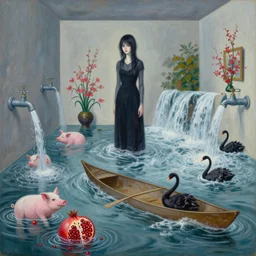 painting of flood waters inside an apartment, taps with running water, tall female emo art student, a river flooding inside, tangelos, zen, pigs, ikebana, water, river, rapids, waterfall, black swans, canoe, pomegranate, berries dripping, acrylic on canvas, surrealist, by magritte and monet