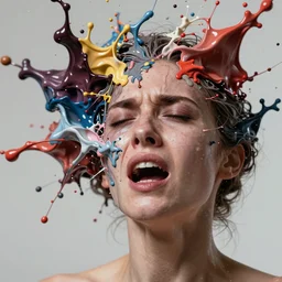 still shot close up footage of the portrait of a female head exploding and disintegrating into acrylic pour and splashing paint and dripping paint, painful emotions, motion blur, hyperrealistic, medical, intricate art photography, anatomically correct, realistic crisp textures, 1 6 k