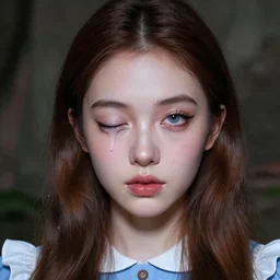 lazy eye melting hyper realistic photograph of pretty girl, lighting alice in wonderland, dj sura face, artgerm, ilya
