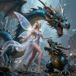 fantasy book cover artwork of a fairy princess attacking a ferocious dragon, ultradetailed, wallpaper, 4k, prismatic