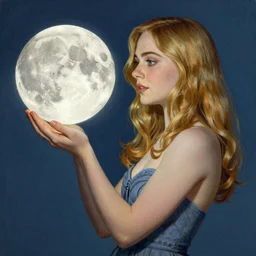 Elle Fanning holding the moon, by Norman Rockwell, Extremely detailed. 8K. Award winning.