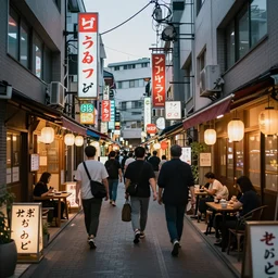 a bussy back alley street in Tokyo, with small shops and restaurants. Evening time. Neon lights. Slow shutter. 8k. Canon eos.