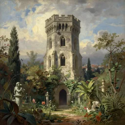 Etching of the abandoned wizard\'s tower in the overgrown garden. Piranesi.